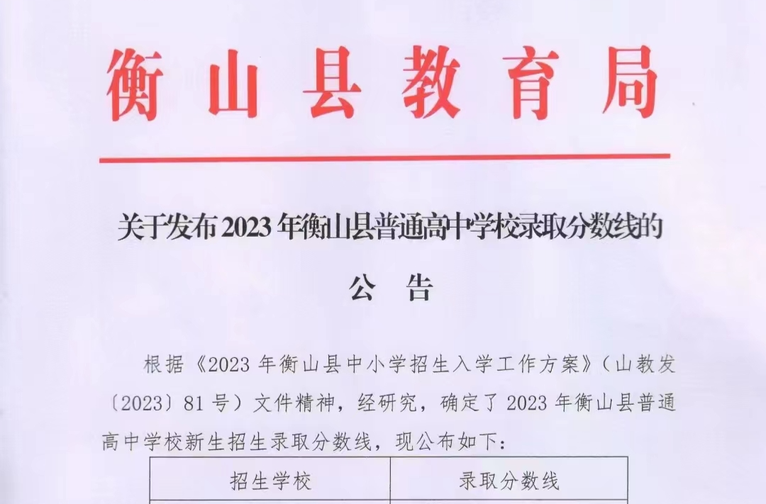 关于发布 2023 年衡山县普通高中学校录取分数线的公告