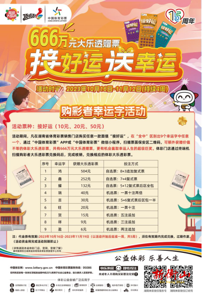 湖南体彩推出的“接好运，送幸运”活动惊喜上线 666万元大乐透赠票等您来领！