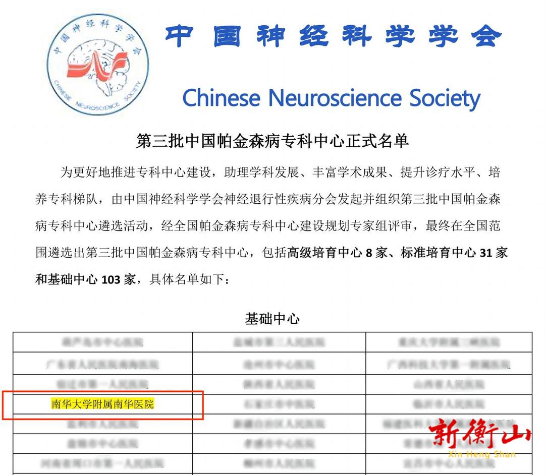 喜报！南华医院神经内科入选笫三批中国帕金森病专科中心名单